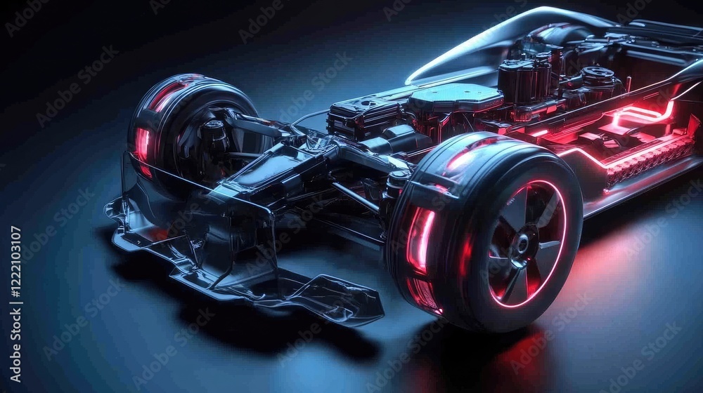 Fototapeta premium Designer focused on creating the layout of an electric sport car suspension system, with holographic projections illustrating the internal mechanics and structure