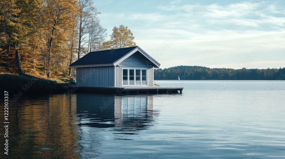 Obraz premium Serene Lakeside Cottage Surrounded by Nature and Tranquil Waters