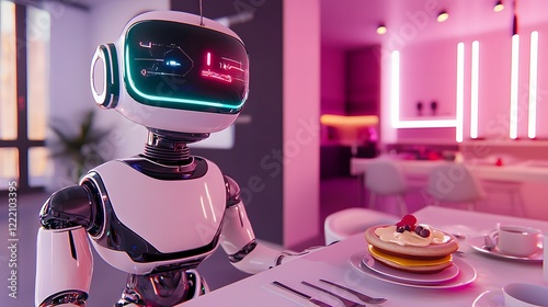 Futuristic family robot serving breakfast at a contemporary dining table surrounded by high tech gadgets and neon infused decor photo