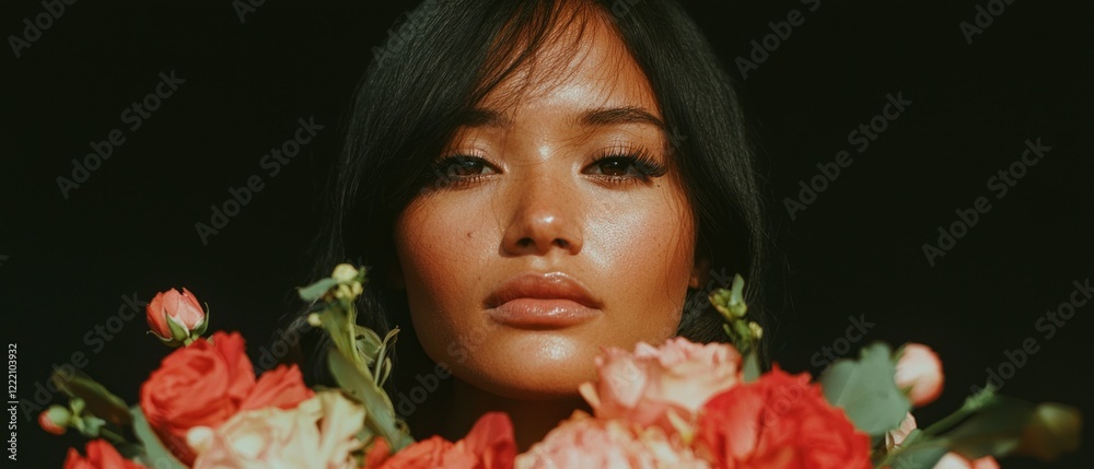 Beautiful Woman Portrait with Red Roses Bouquet Closeup Beautiful Woman Portrait with Red Roses Bouquet Closeup