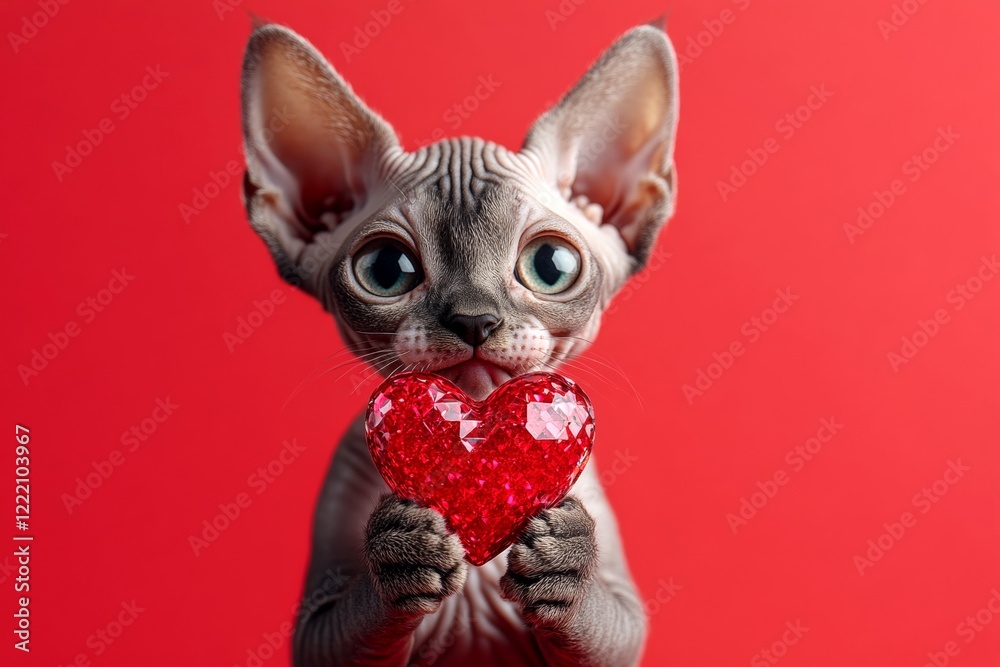 Fototapeta premium Cute sphynx feline infant with diamond red heart - sign of love, funny greeting card. Sphynx - my desired cat. Ad conceptual art. Heart-shaped valentine. Romantic animal valentine's. Cute pe.