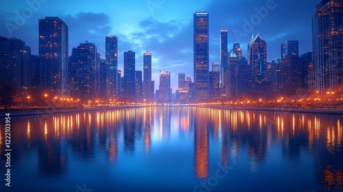 Twilight City Skyline with Water Reflection. Generative AI