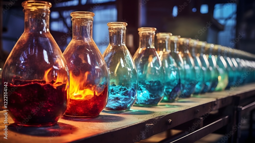 Captivating vision of molten glass being expertly transformed into shimmering glass bottles on a state of the art factory production line Captivating vision of molten glass being expertly transformed into shimmering glass bottles on a state of the art factory production line