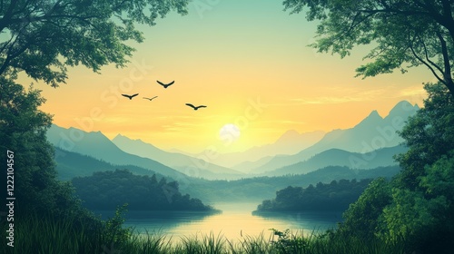 A Serene Sunset Over Misty Mountains and a Calm Lake with Silhouetted Birds Flying Above the Scenic View
