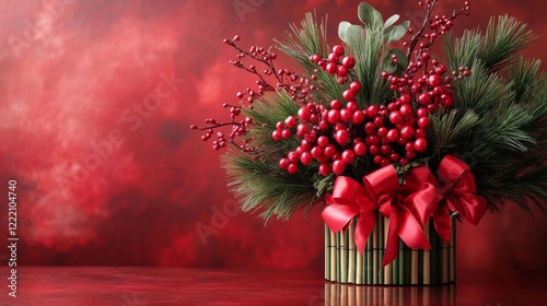 A festive holiday arrangement with red berries and greenery. Generative AI photo