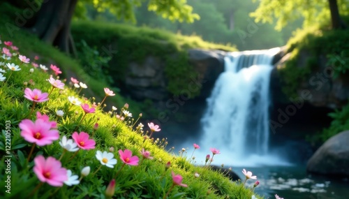 Pink and white blooms dot the grassy slope beside a gentle waterfall, peaceful, blossom