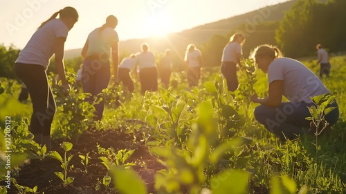 Group of volunteers working together to plant young trees in a lush green field under the bright natural sunlight  Concept of environmental conservation sustainability