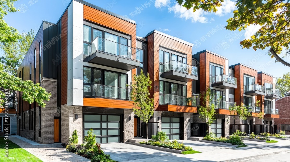 a modern townhouse in an urban setting, featuring balconies and contemporary design. a modern townhouse in an urban setting, featuring balconies and contemporary design.