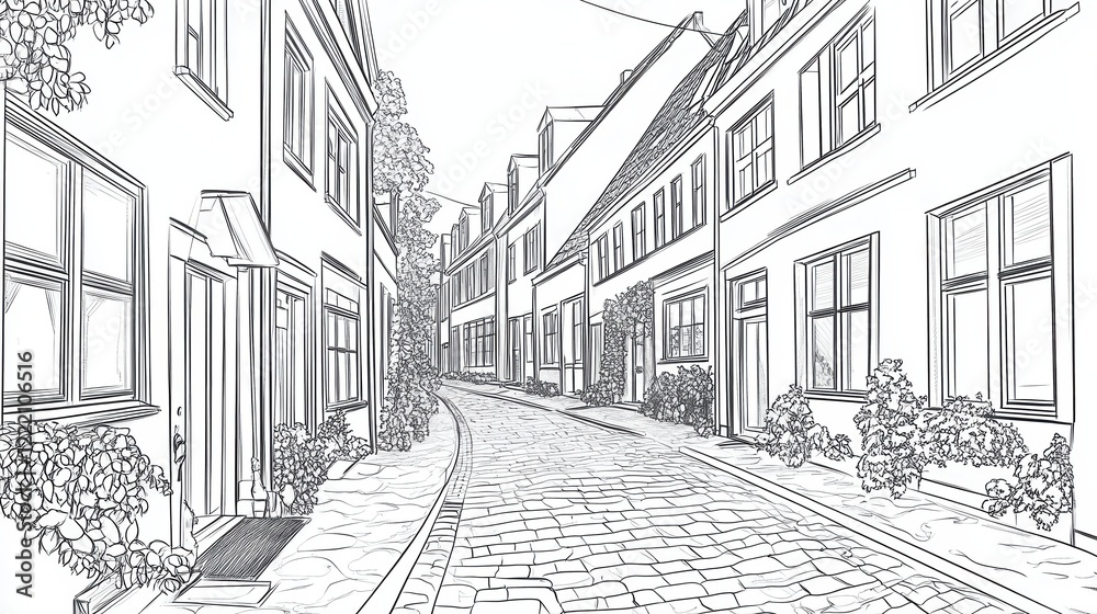 Obraz premium Charming Hand-Drawn Street Scene with Quaint Houses and Pathway
