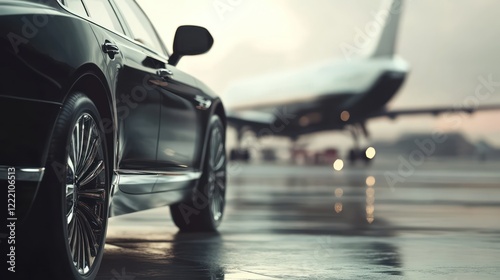 Close-up of black luxury car and private jet on airport background