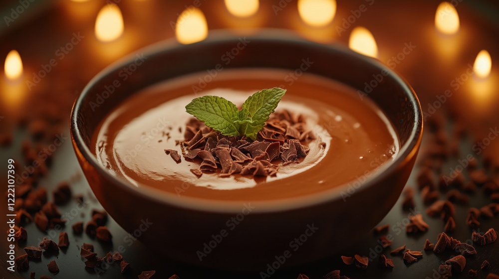 Chocolate mousse bowl with mint leaves surrounded by candles
Chocolate mousse bowl with mint leaves surrounded by candles