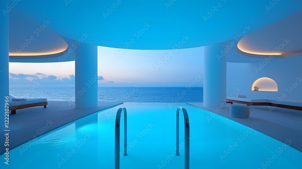 Fototapeta premium Luxurious modern villa interior design with panoramic ocean views and infinity pool Elegant and tranquil beachfront retreat in a serene and exclusive coastal setting