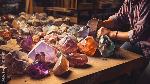 Raw minerals being meticulously transformed into a dazzling array of faceted polished and tumbled gemstones in a well equipped lapidary workshop