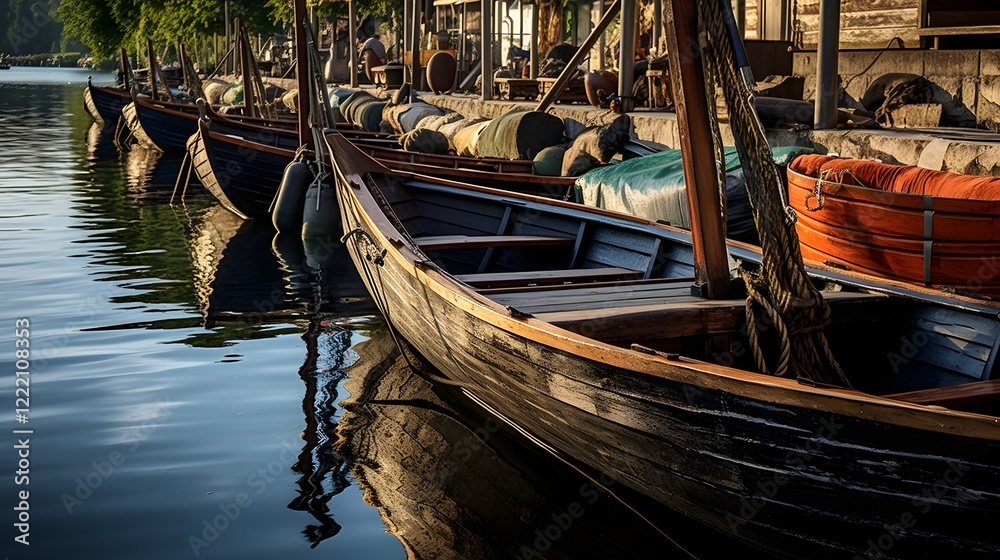 Fototapeta premium Traditional wooden boats peacefully docked at a small village pier overlooking a serene body of water creating a charming and picturesque scene in the summer
