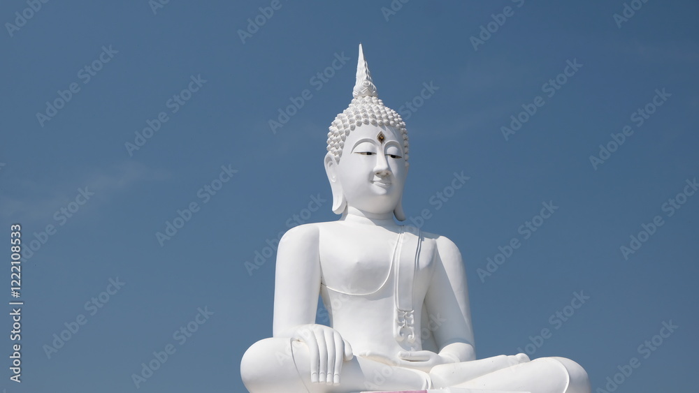 White Buddha against blue, a symbol of tranquility and timeless peace White Buddha against blue, a symbol of tranquility and timeless peace