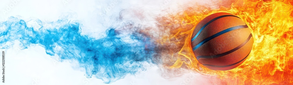 Obraz premium Flying basketball burning in flames, orange and blue gradient fire color on white background.