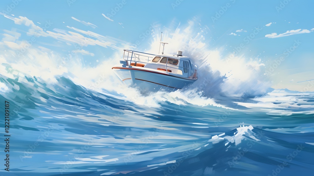Naklejka premium Sleek and powerful speedboat cutting through the sparkling ocean waves on a bright sunny day This high speed nautical adventure captures the thrill and freedom of open water travel