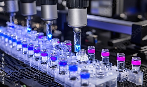 Robotic lab equipment analyzes colorful samples in test tubes, aiding scientific research photo