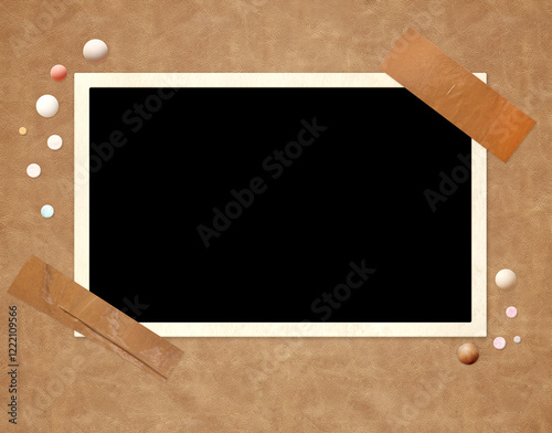 Vintage album page with leather texture and retro photo frame with adhesive tape stripes. Nostalgic scrapbooking style. Mock up template. Copy space for text