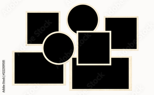 Template collage with seven retro frame photos. Moodboard pictures album grid for scrapbooking. Vintage style mood board layout. Isolated on white background. Copy space for your text and photo