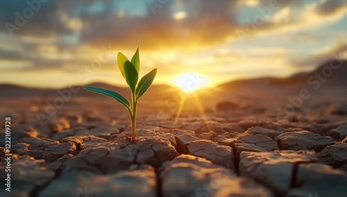 Dried brown cracked earth, a small green bush growing in the cracks of dry ground. The scene conveys hope and determination as nature demonstrates its resilience against extreme conditions.