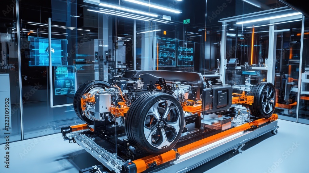 Fototapeta premium Powertrain of an electric vehicle displayed in a high-tech lab with holographic elements showing performance metrics, diagnostics, and key data for system analysis