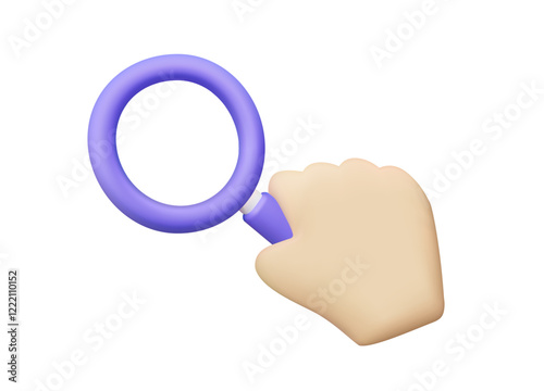 3D vector render illustration of purple magnifying glass icon with hand holding it It represents search, investigation or research. Survey isolated on white background.