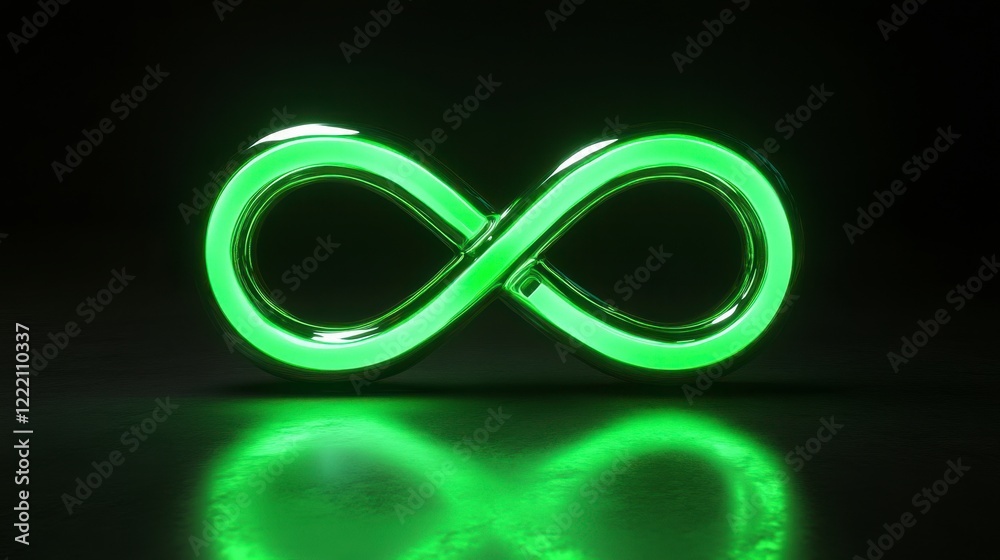 Green Neon Infinity Symbol on Dark Background with Reflection Green Neon Infinity Symbol on Dark Background with Reflection
