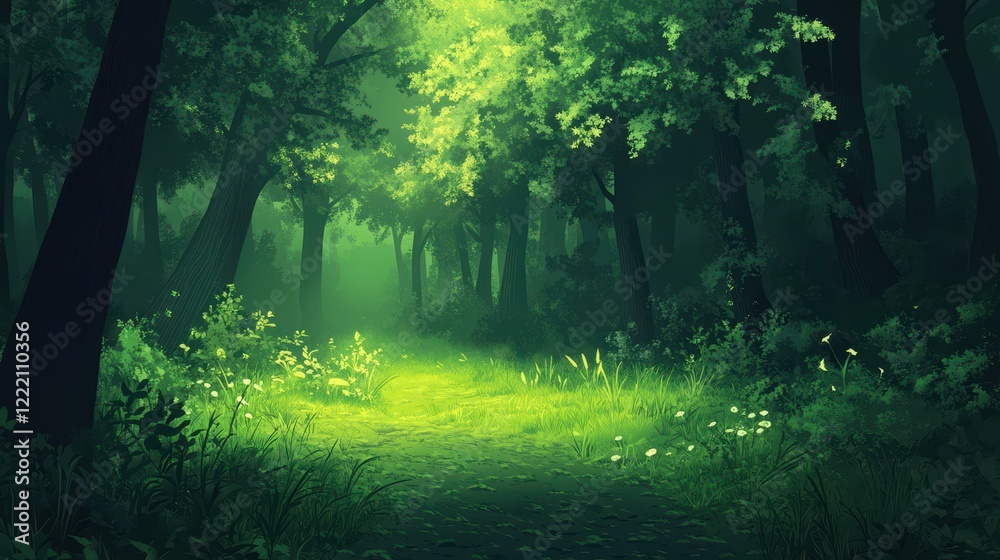 Serene Green Forest Path Sunlight Dappled Trees Serene Green Forest Path Sunlight Dappled Trees