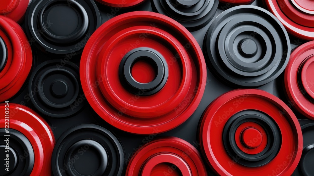 Abstract composition of circular shapes in red and black tones Abstract composition of circular shapes in red and black tones