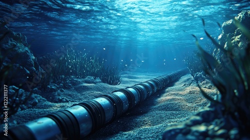Subsea fiber optic cables transmitting data through the ocean floor, illustrating global communication networks powered by underwater technology