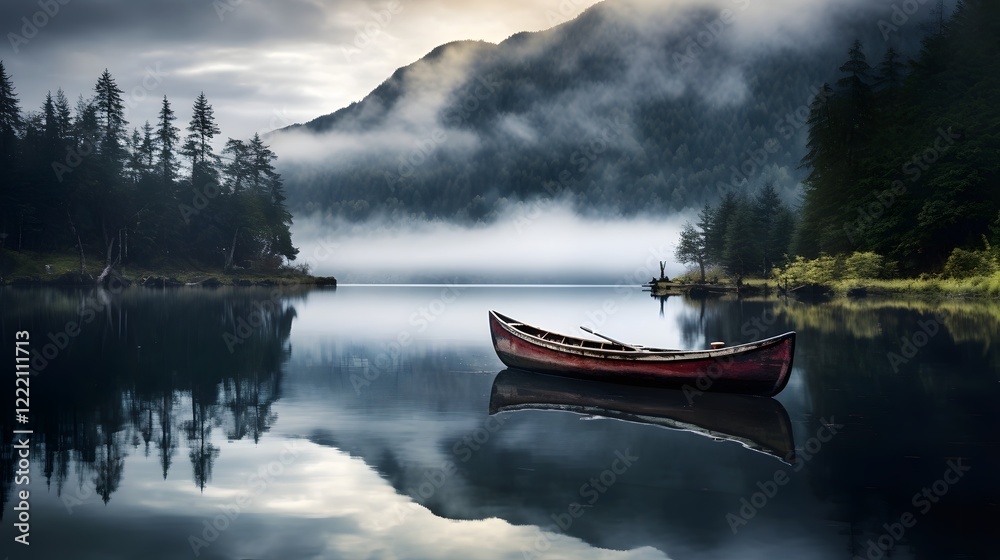 Fototapeta premium A small canoe silently glides across the serene misty waters of a tranquil mountain lake surrounded by the ethereal and atmospheric presence of the rugged towering peaks