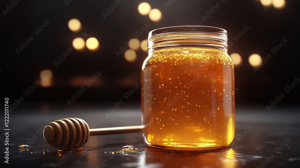 3D realistic honey in a jar with a dipper. 3D realistic honey in a jar with a dipper.