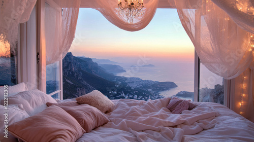Cozy bedroom with stunning mountain and ocean view at sunset