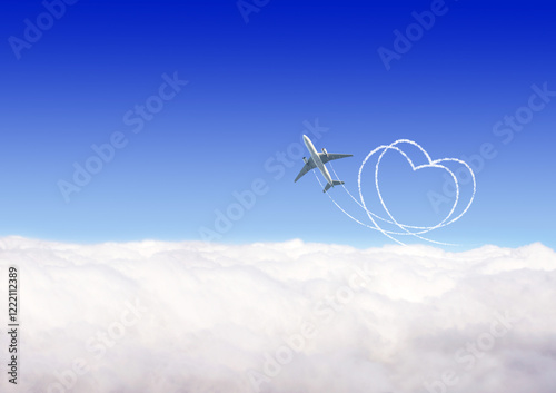 Horizontal nature background with aircraft and Jet trailing smoke in sky. Airplane drawing a heart in sky. Jet flight route of aircraft in shape of a heart in blue sky. Concept of love of travelling photo