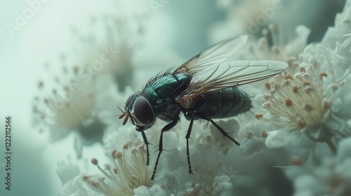 Top shot of a Green bottle fly species, probably Lucilia sericata,  isolated on white photo