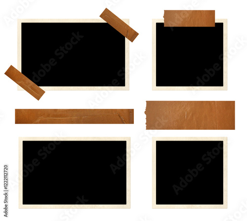 Set of empty retro photo, adhesive tape strips. Photograph blank element for scrapbooking. Masking tape part and vintage photoframe. Isolated on white background. Picture album template and duct tape