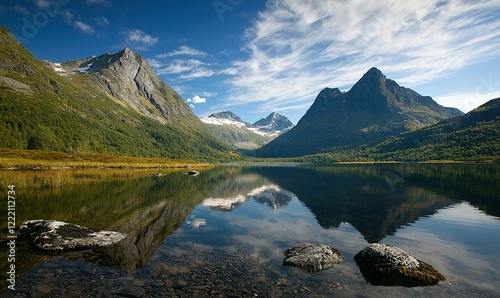 Serene mountain lake reflection, rocky shore, autumn landscape photo