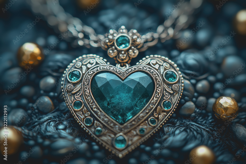 Obraz premium Close-up of claddagh jewelry featuring a stunning heart-shaped locket adorned with a beautiful green stone showcasing intricate craftsmanship and elegant design elements for jewelry lovers