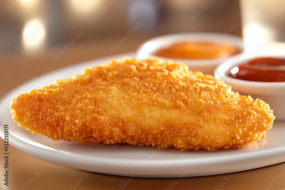 A single golden fried chicken tender rests on a white plate, accompanied by small bowls of savory dipping sauces, captured in soft atmospheric lighting A single golden fried chicken tender rests on a white plate, accompanied by small bowls of savory dipping sauces, captured in soft atmospheric lighting