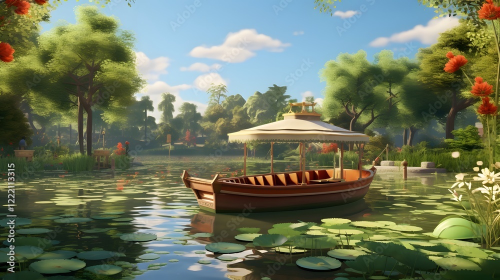 Obraz premium Charming paddleboat gracefully gliding across a serene and tranquil park lake surrounded by lush greenery and a peaceful natural setting