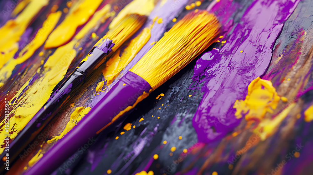Fototapeta premium A close-up of yellow and purple paintbrushes resting on a wooden palette with splashes of colorful paint creating a harmonious artistic atmosphere