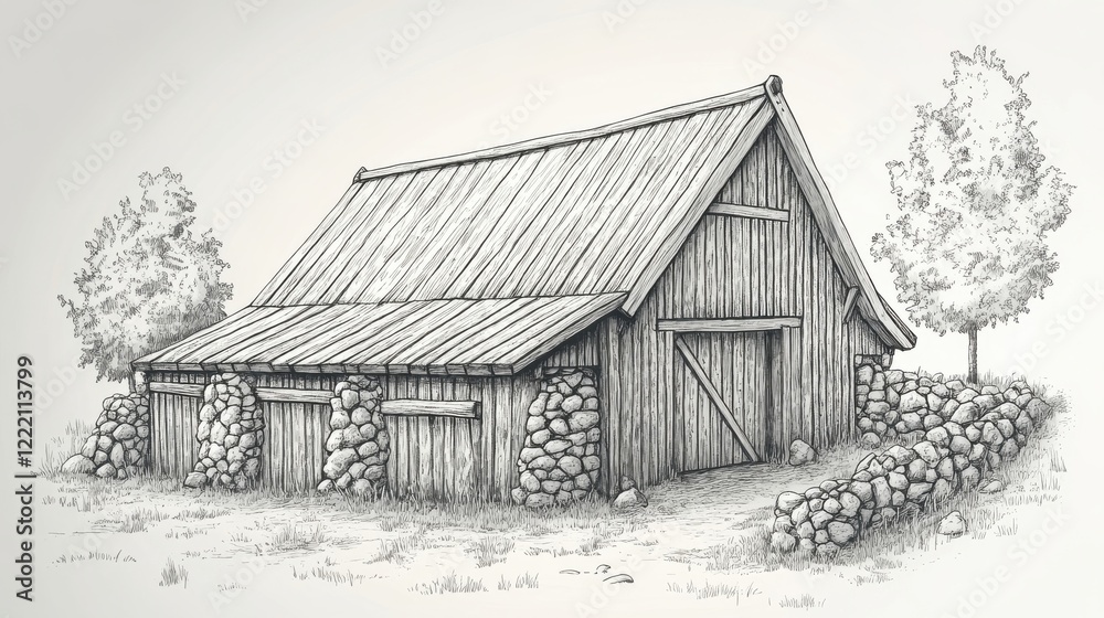 Rustic Wooden Barn Surrounded by Stone Wall and Trees Rustic Wooden Barn Surrounded by Stone Wall and Trees