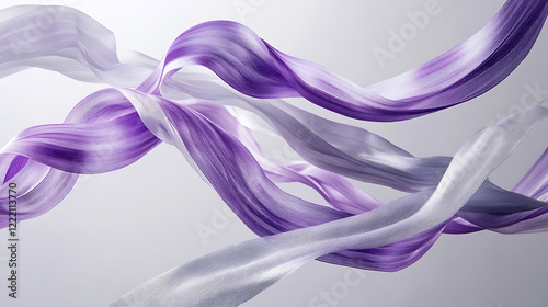 A dynamic scene of purple and silver ribbons swirling in the air creating a harmonious and elegant dance in a minimalist studio setting  photo