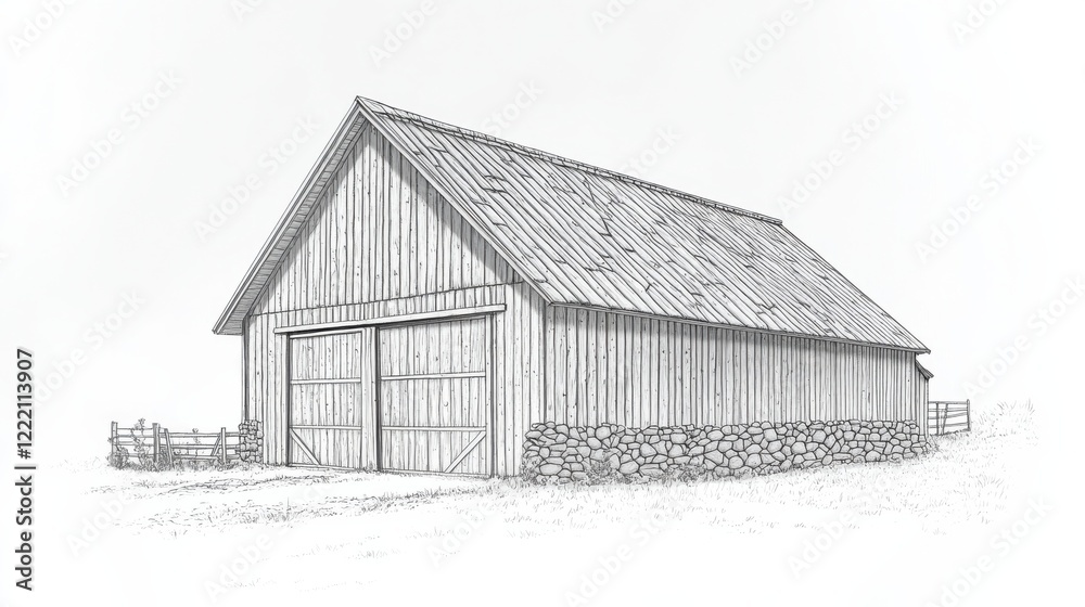 Hand-Drawn Sketch of a Rustic Barn Surrounded by Open Fields Hand-Drawn Sketch of a Rustic Barn Surrounded by Open Fields