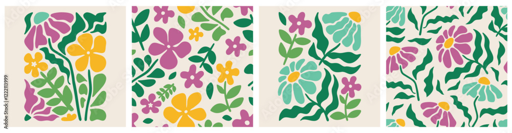 Doodle floral seamless pattern colorful set. Creative trendy flower collage or posters and floral pattern collection. Vintage cartoon hand drawn nature simple spring elements
