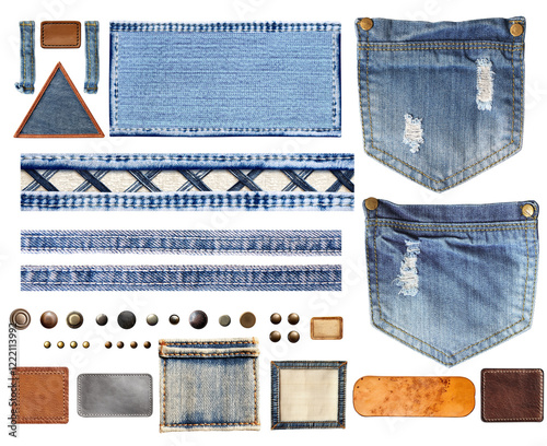 Set of jeans detail. Collection of denim trouser and jacket elements - pocket, metal button and rivet, label, tag, belt loops, patch. isolated on white background. Can be used for creative design