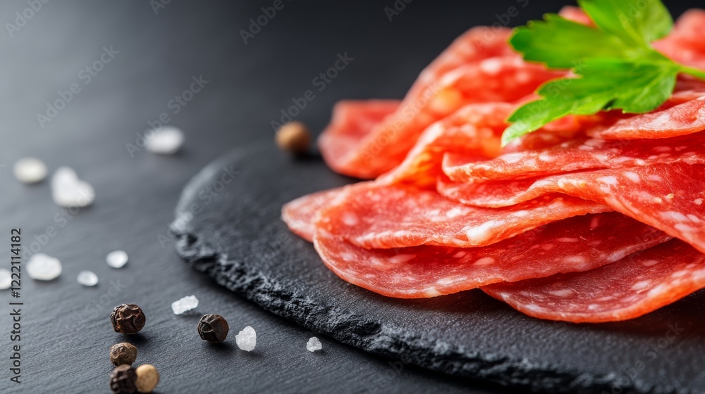 Detailed view of a slice of dry-cured salami showcasing its texture and vibrant color, accompanied by coarse salt and peppercorns on a dark slate surface Detailed view of a slice of dry-cured salami showcasing its texture and vibrant color, accompanied by coarse salt and peppercorns on a dark slate surface