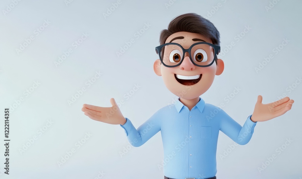 Smiling 3D Cartoon Man in Blue Shirt and Big Glasses, Cheerful Expression, Happy People Concept, Light Background, Generative AI Smiling 3D Cartoon Man in Blue Shirt and Big Glasses, Cheerful Expression, Happy People Concept, Light Background, Generative AI