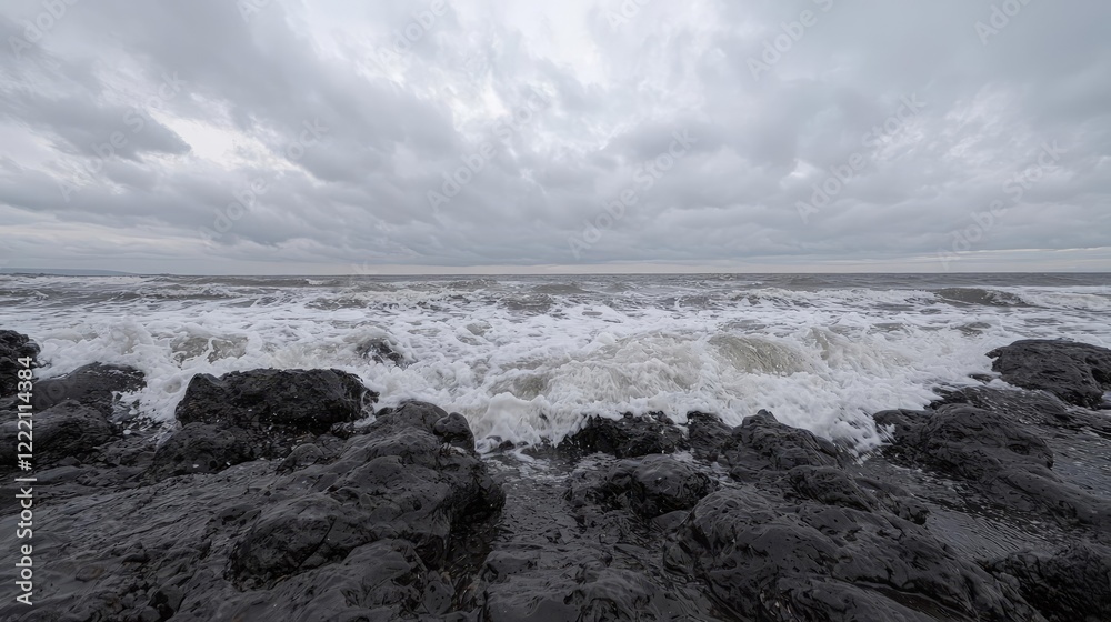 Stormy ocean waves crashing on rocky shore. Use weather report Stormy ocean waves crashing on rocky shore. Use weather report